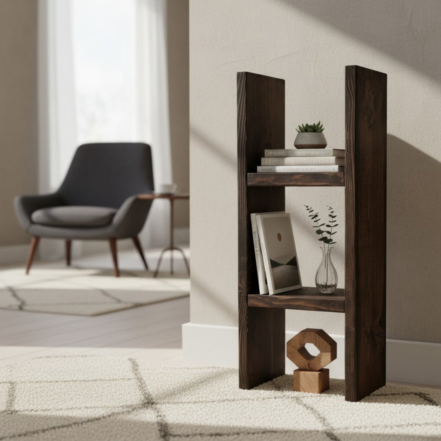 Rustic Solid Wood Bookcase and Plant Stand Shelf | Farmhouse Narrow Storage Tower for Living Room, Bedroom, Entryway, or Office