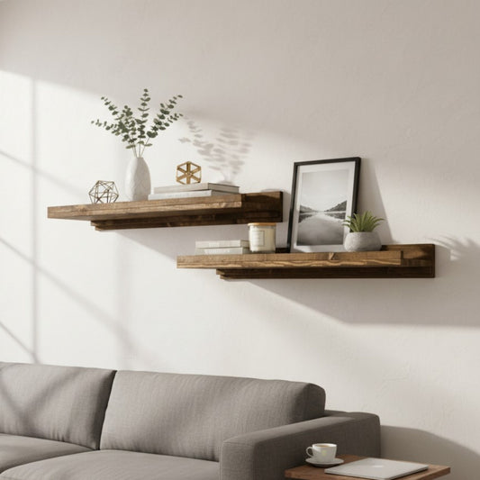 Wooden floating shelves with decorative items in a living room setting.
