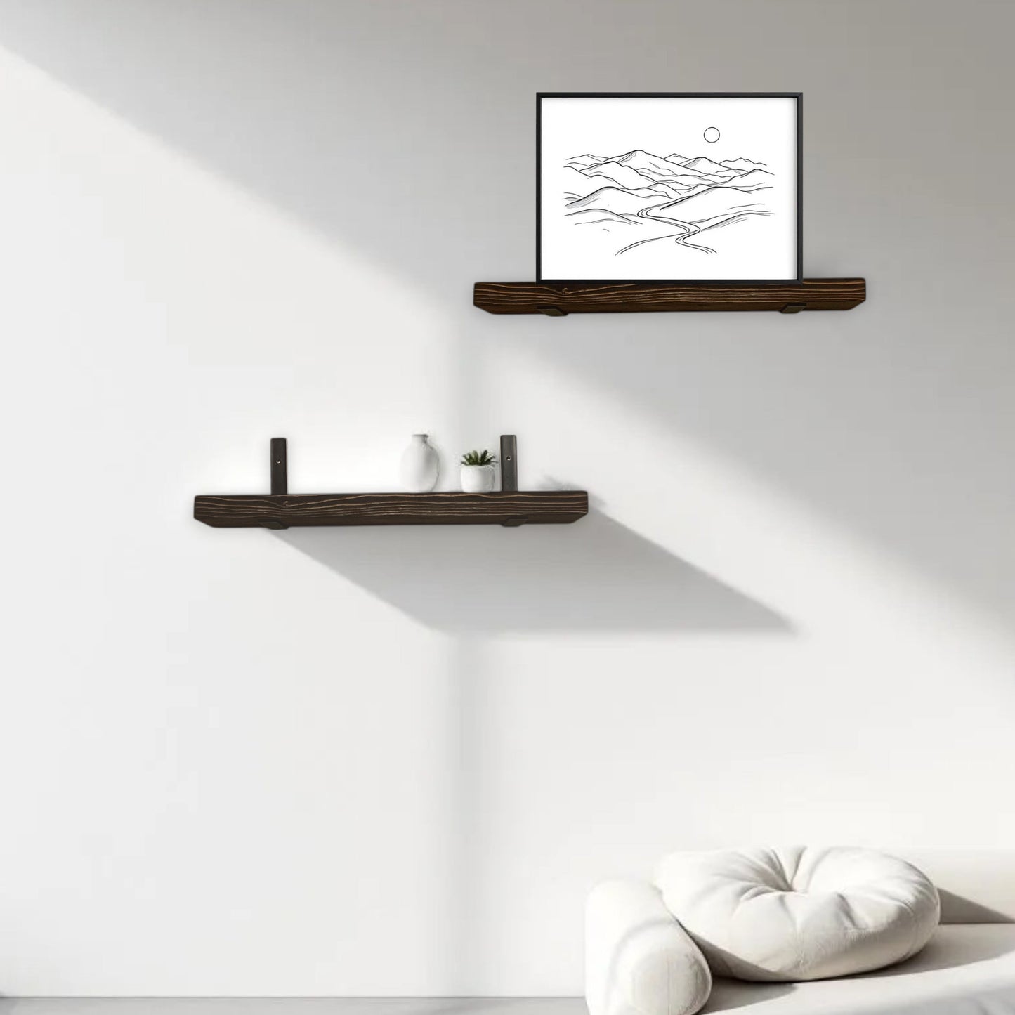 Modern interior with wooden shelves and a framed picture on a white wall.