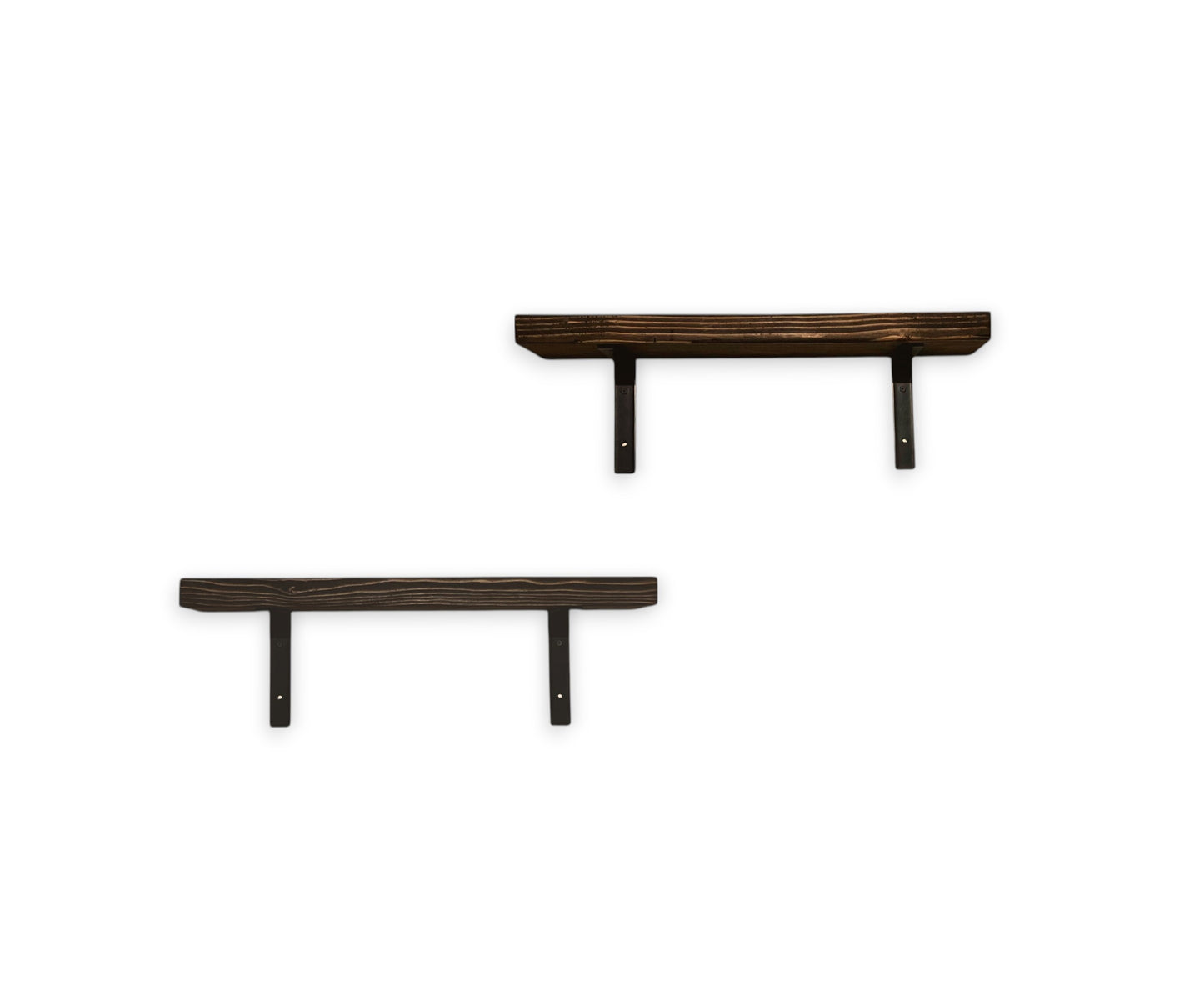 Two dark wooden shelves on a white background