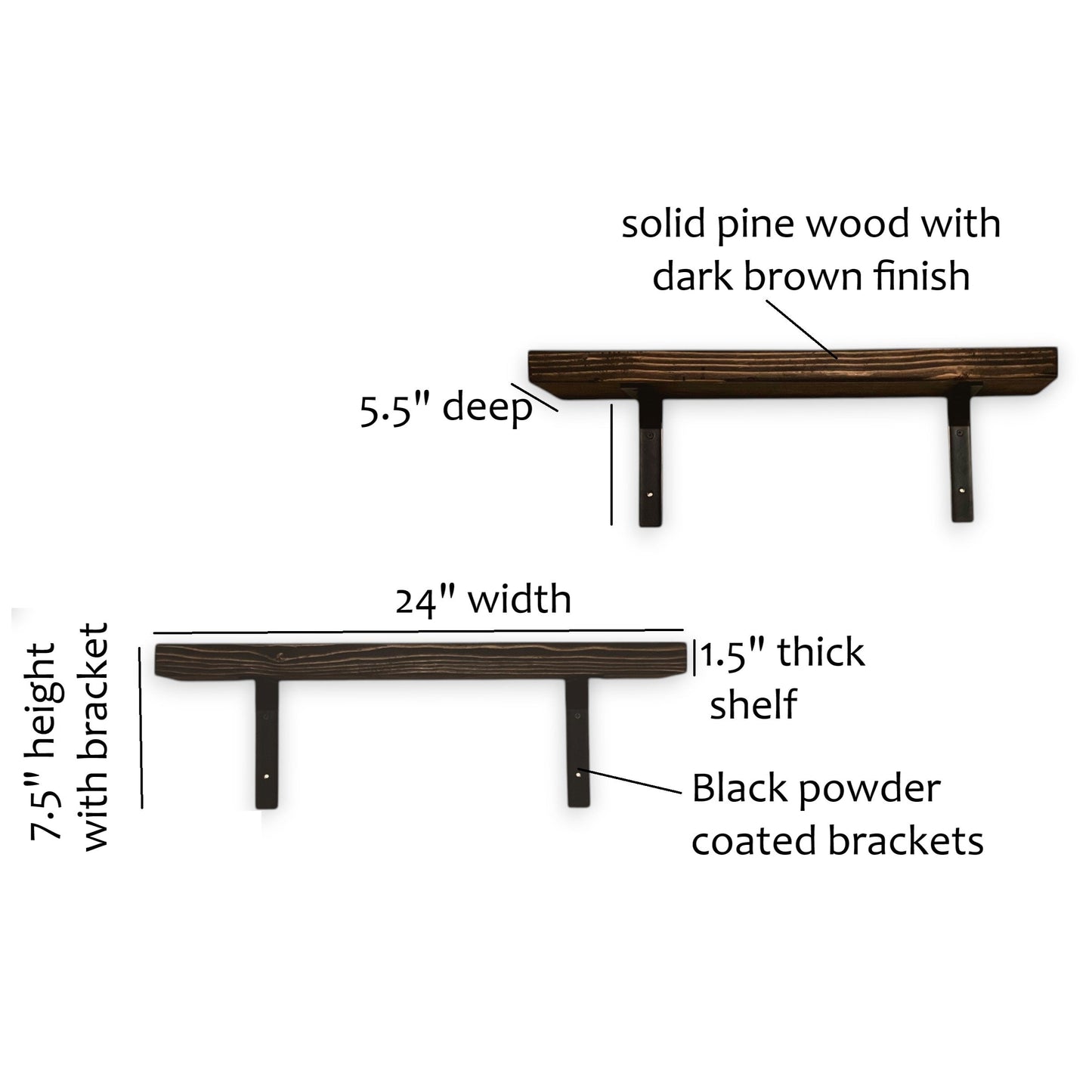 Wooden shelf with measurements and details on a white background