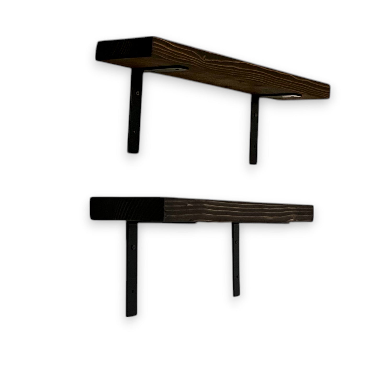 Two dark wooden shelves on a white background