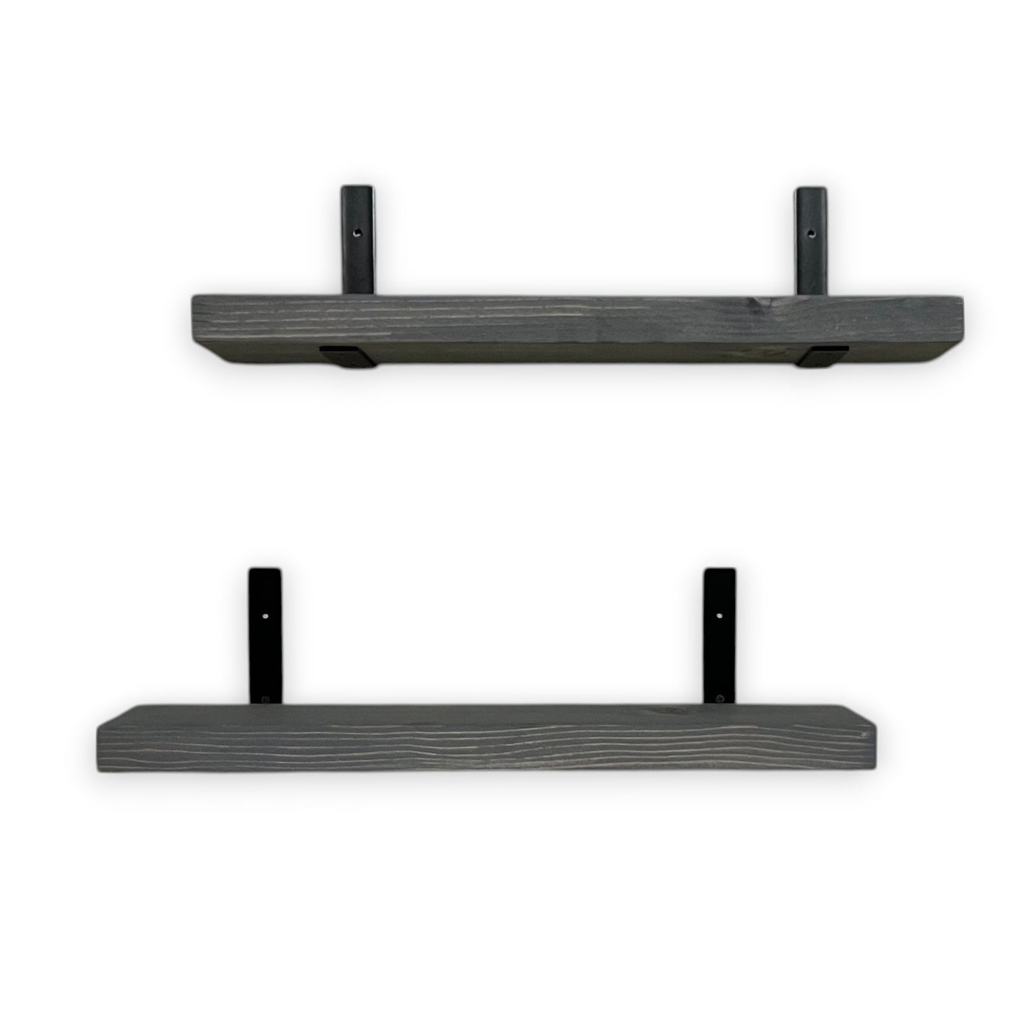Two black wall shelves with brackets on a white background