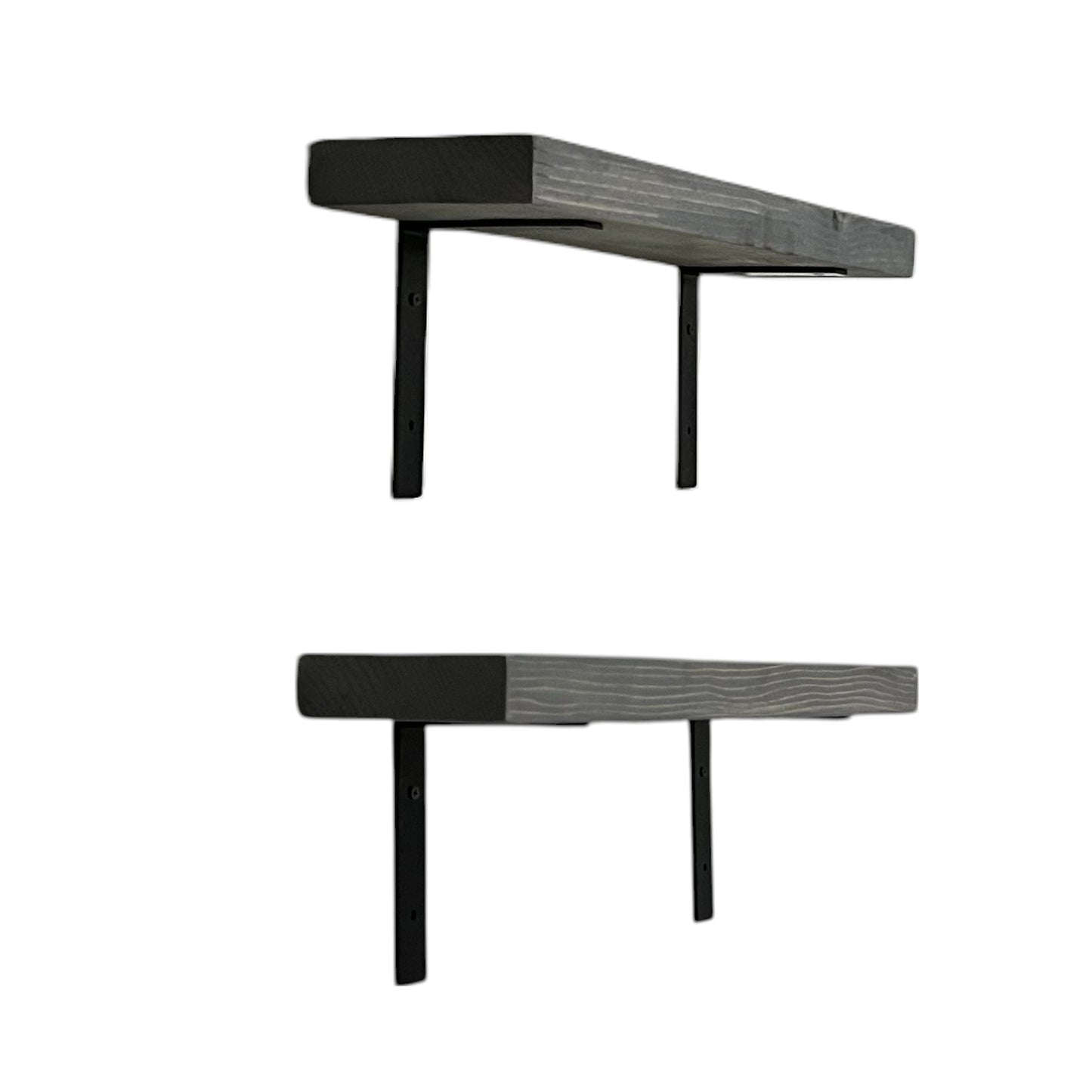 Two black wall-mounted shelves on a white background