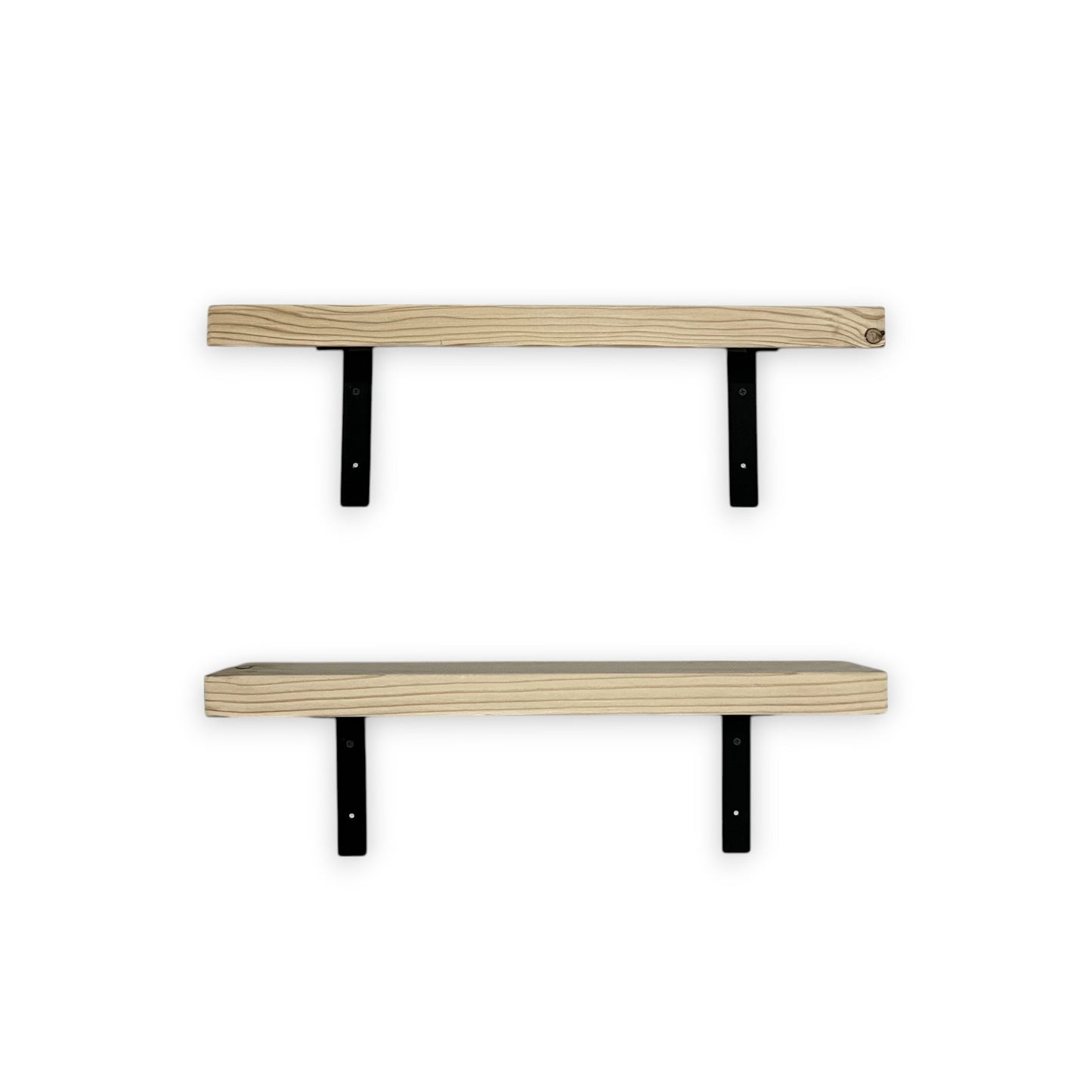 Two wooden shelves with black brackets on a white background