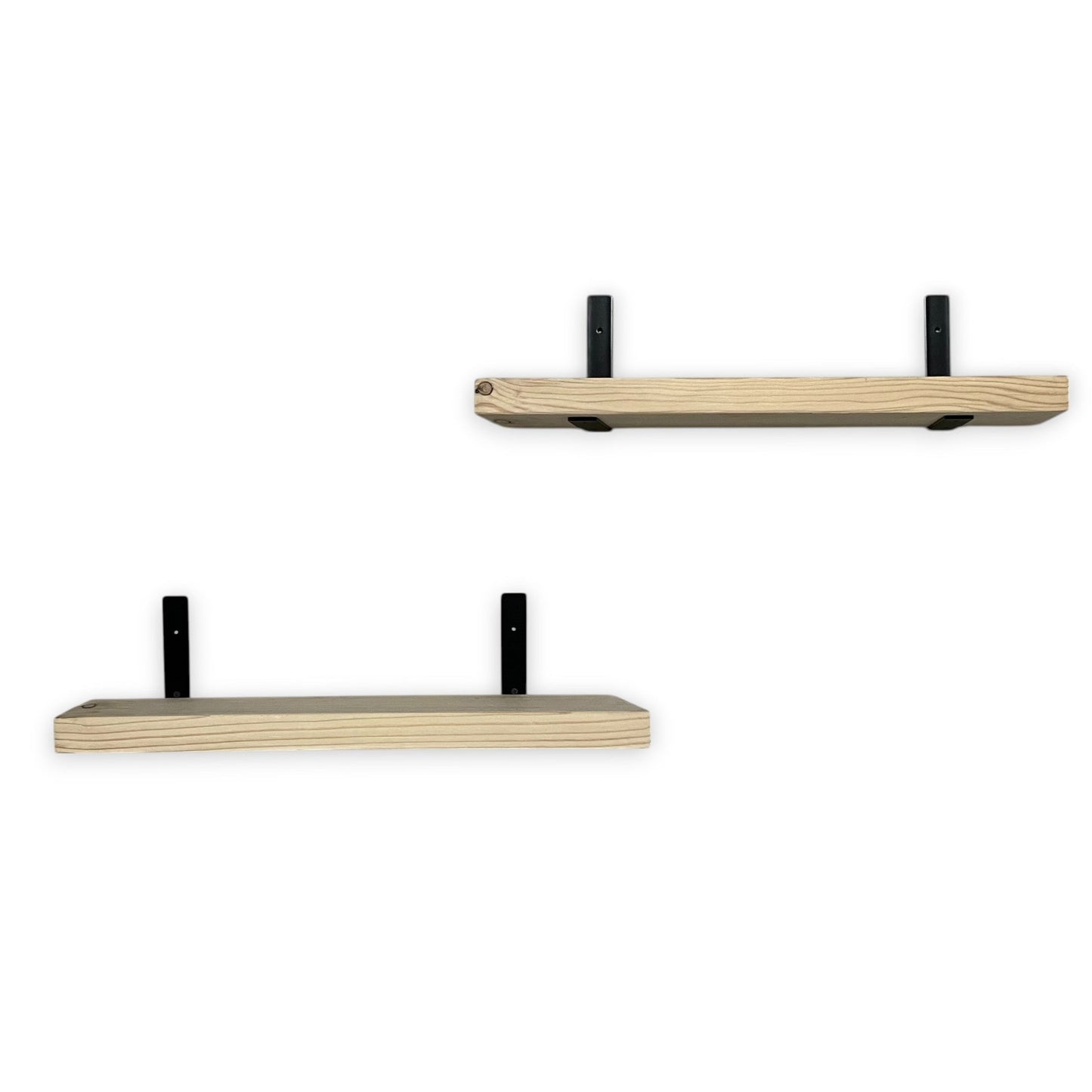 Two wooden shelves with black brackets on a white background