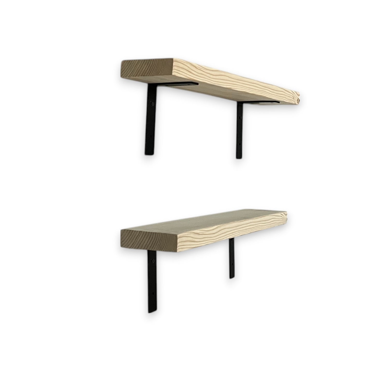 Two wooden shelves with black brackets on a white background