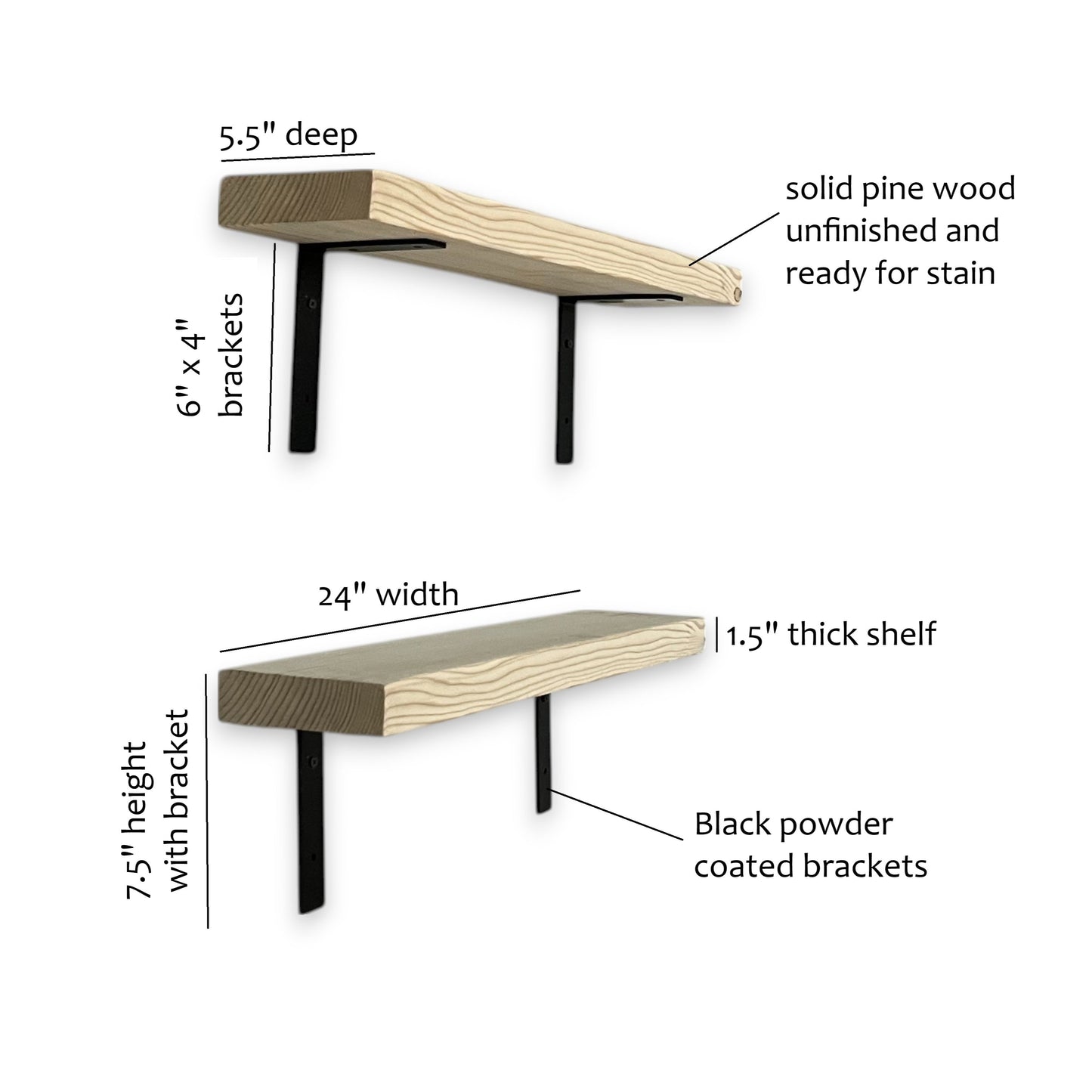Wooden shelf with measurements and specifications on a white background