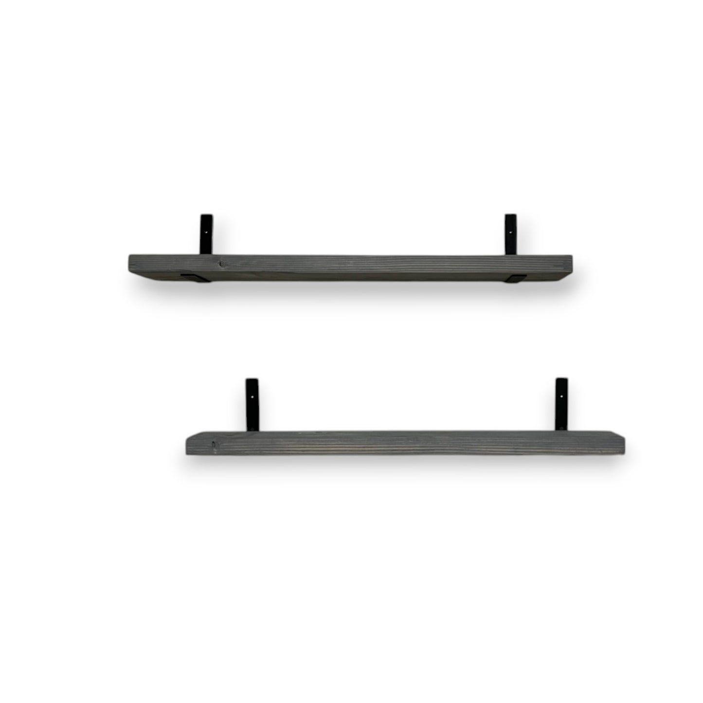 Two black wall shelves with brackets on a white background