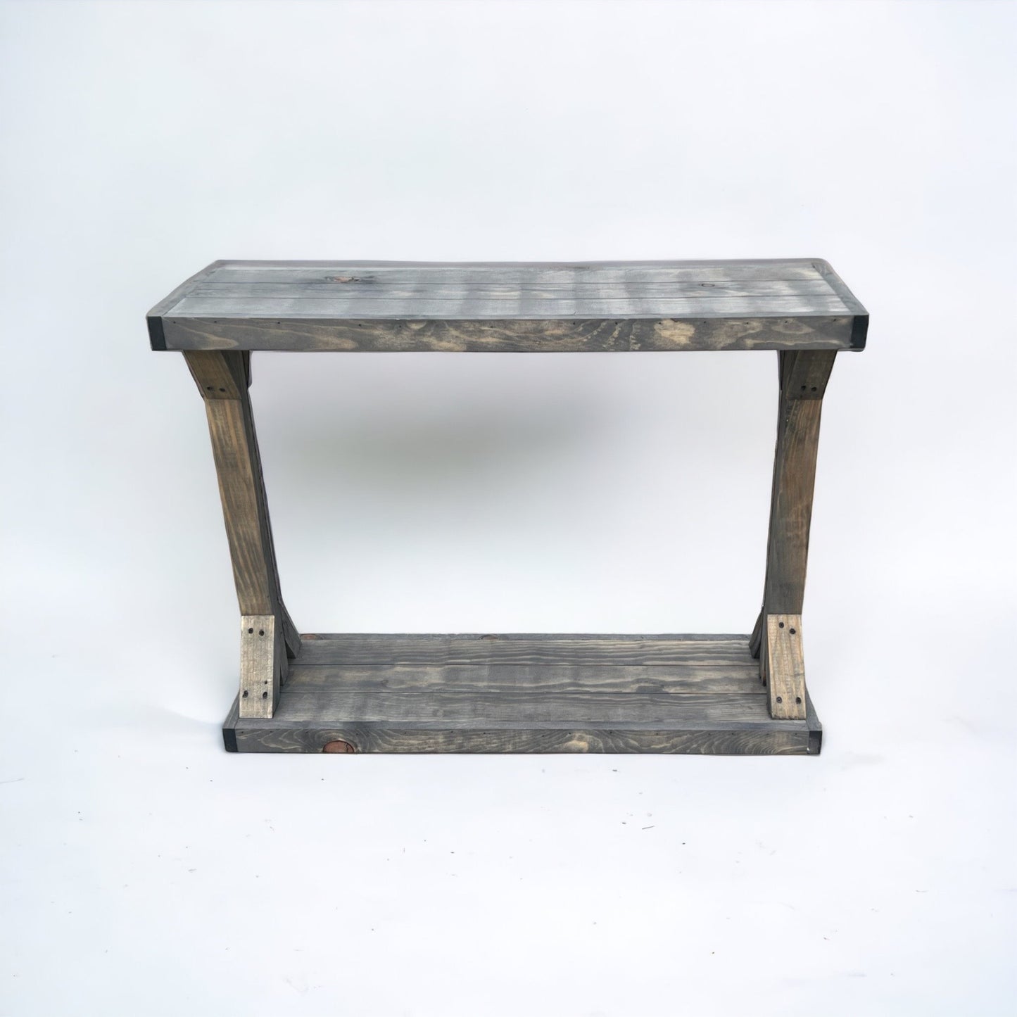 Light walnut solid wood console table with floating shelf, handmade rustic furniture.