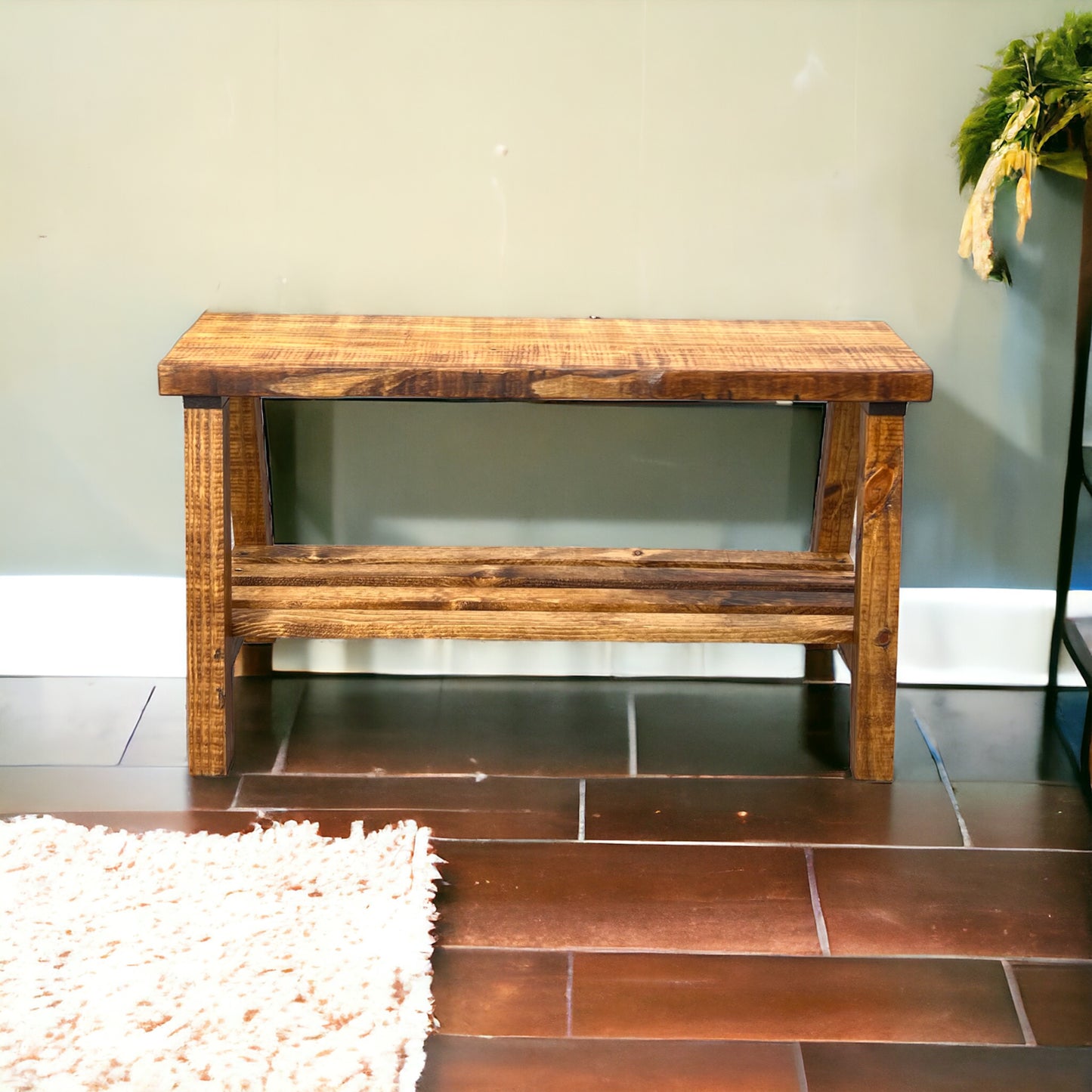 Solid Pine Wood Contemporary Shelf Storage Entryway Bench