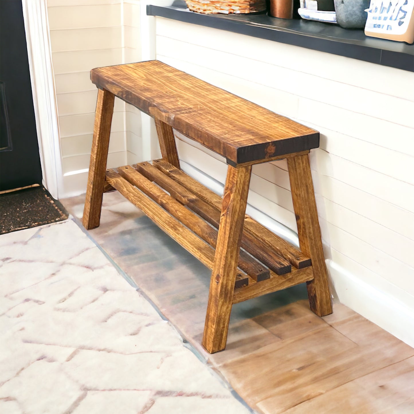 Solid Pine Wood Contemporary Shelf Storage Entryway Bench