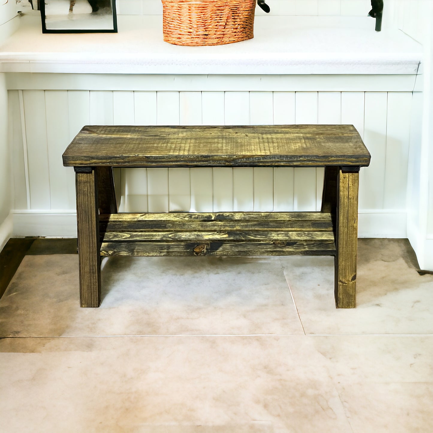 Solid Pine Wood Contemporary Shelf Storage Entryway Bench