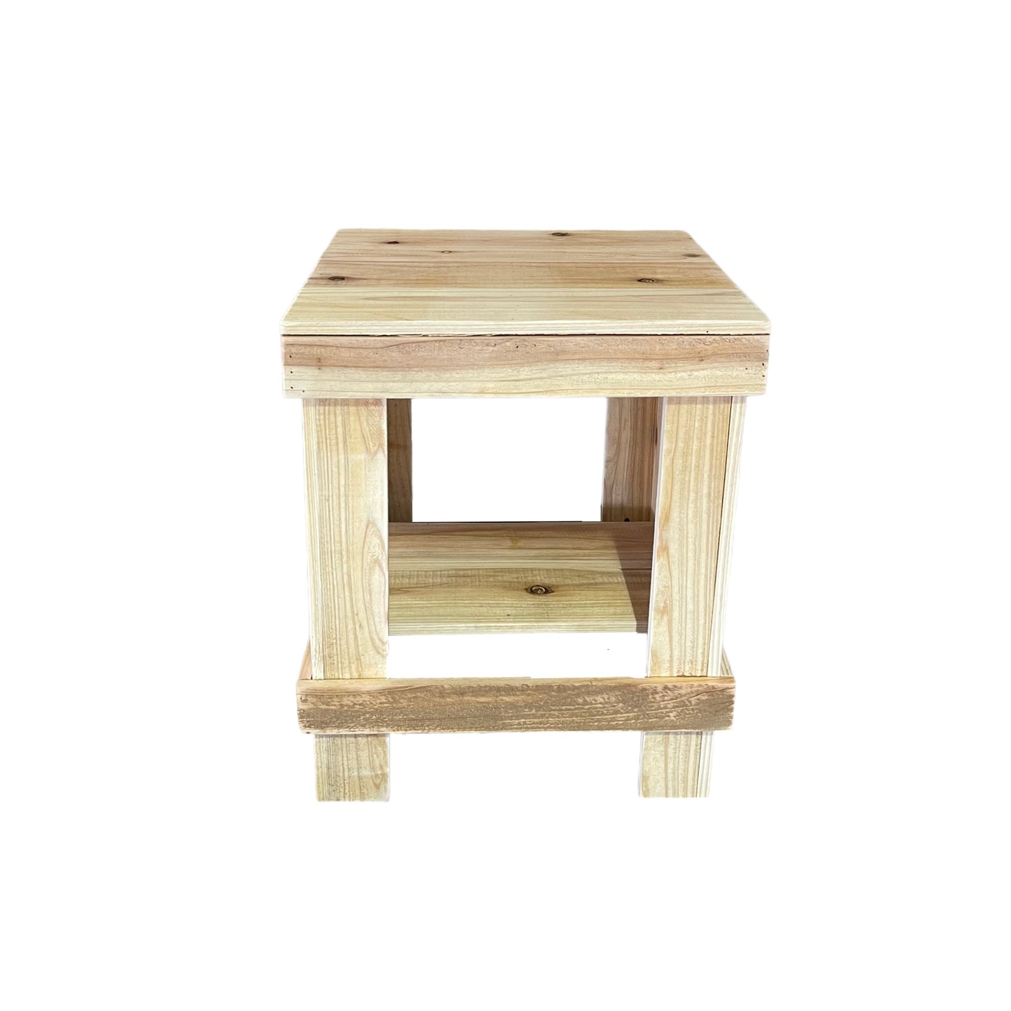 Natural solid wood handmade farmhouse end table with sturdy slatted shelf, modern rustic furniture.