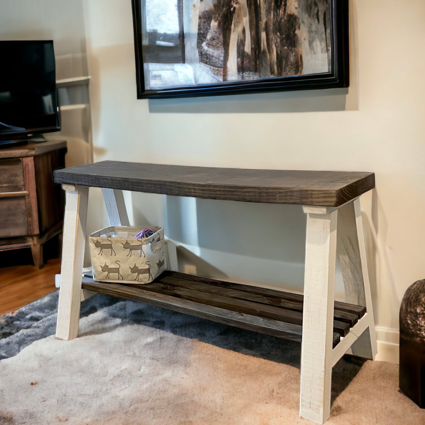 Solid Pine Wood Contemporary Shelf Storage Entryway Bench