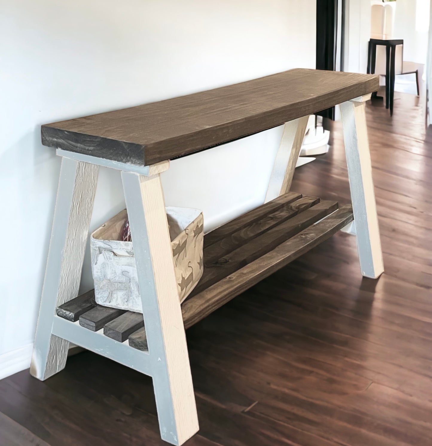 Solid Pine Wood Contemporary Shelf Storage Entryway Bench