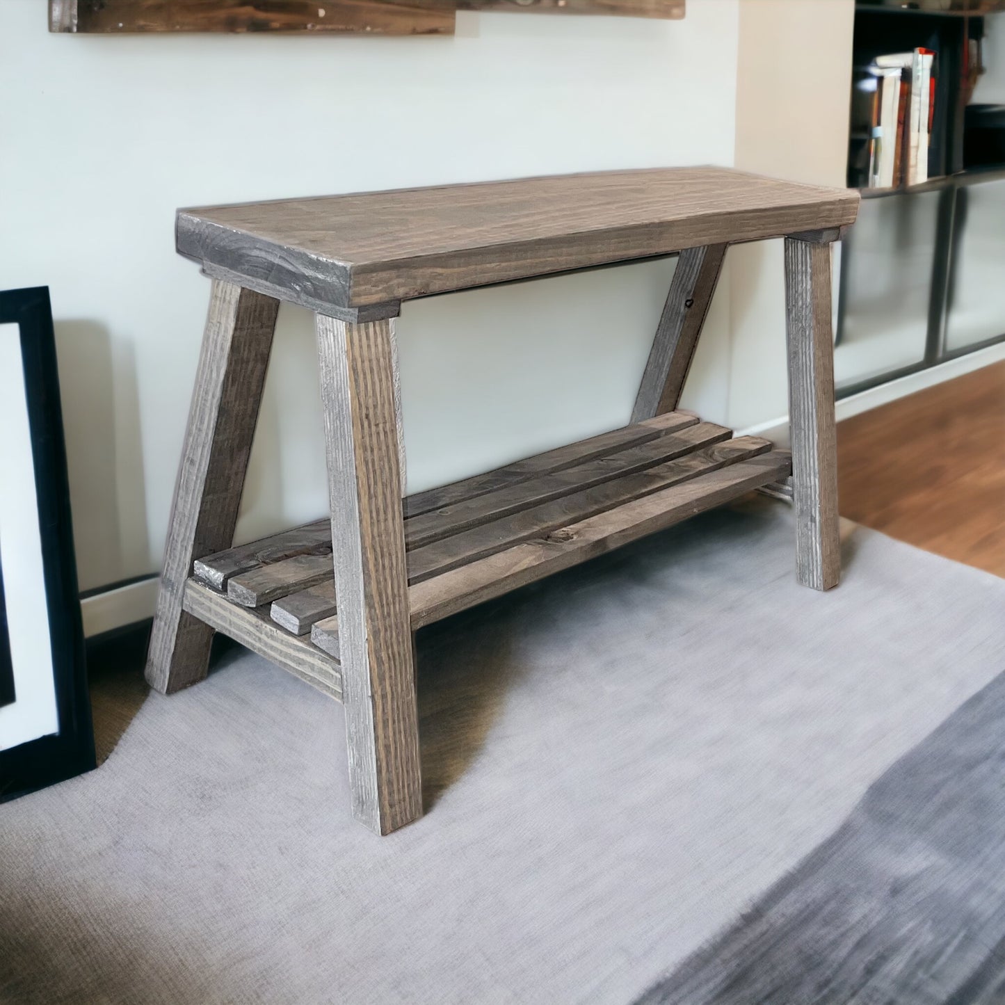 Solid Pine Wood Contemporary Shelf Storage Entryway Bench