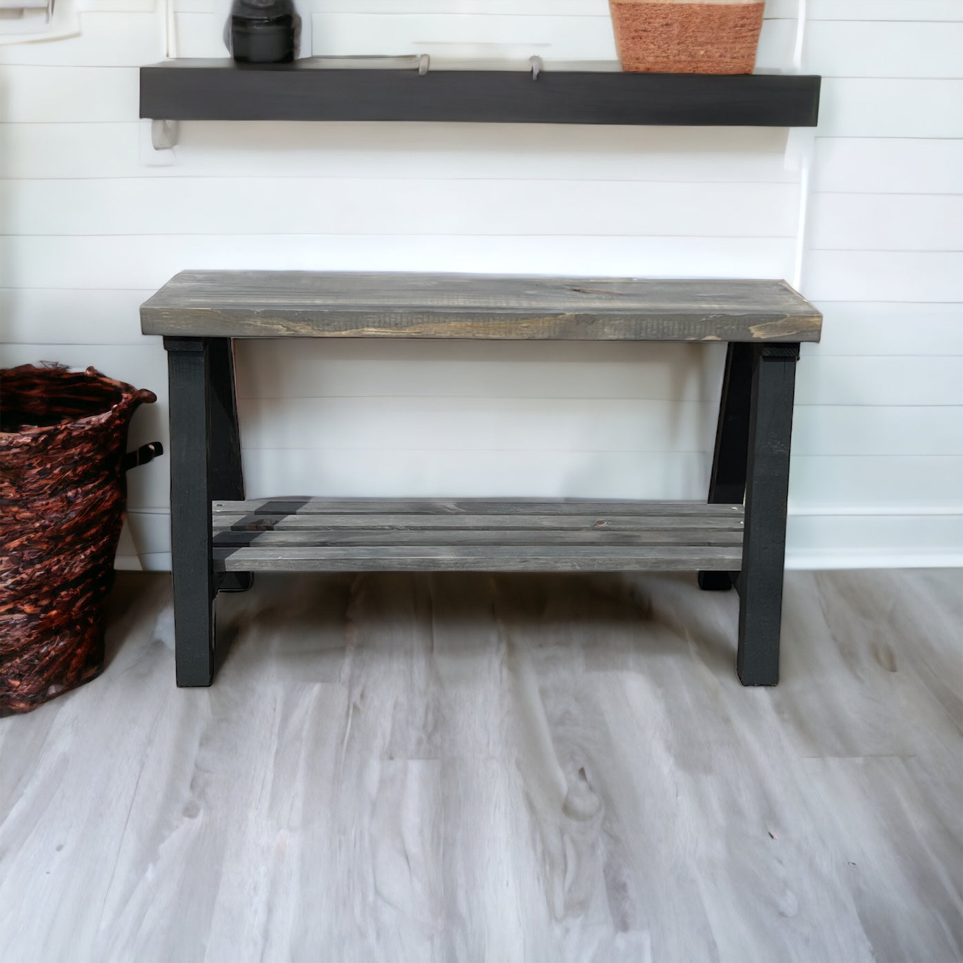 Solid Pine Wood Contemporary Shelf Storage Entryway Bench