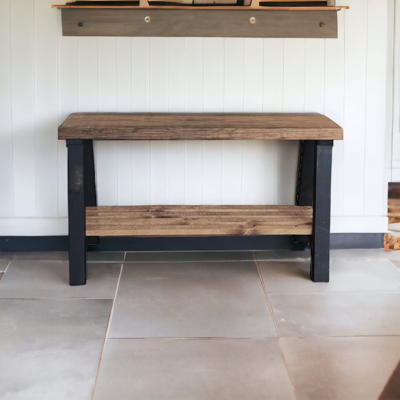 Solid Pine Wood Contemporary Shelf Storage Entryway Bench