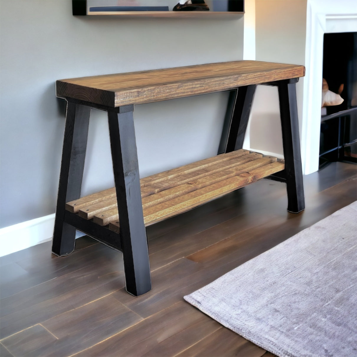 Solid Pine Wood Contemporary Shelf Storage Entryway Bench
