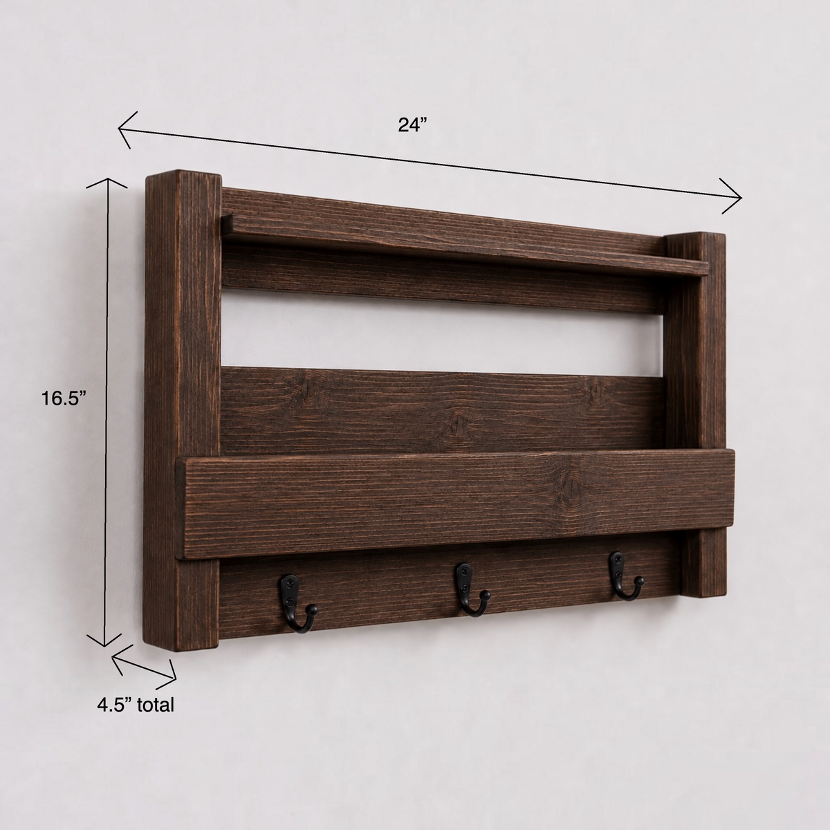 Rustic Wall Mail Organizer with Shelf and Hooks
