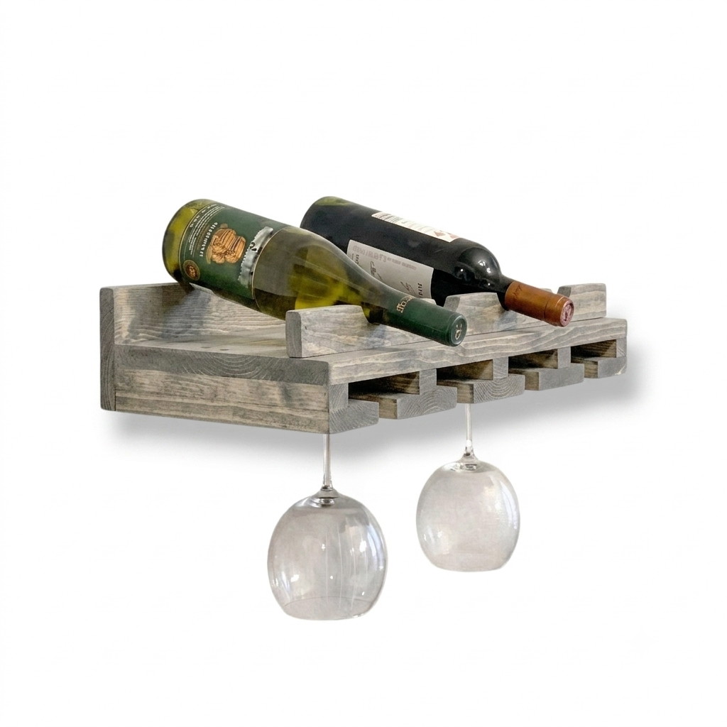 Bottle Holder + Stemware Storage Wine Rack: Cask & Timber All-in-One Wall Mounted Wine Station – Handcrafted Solid Wood