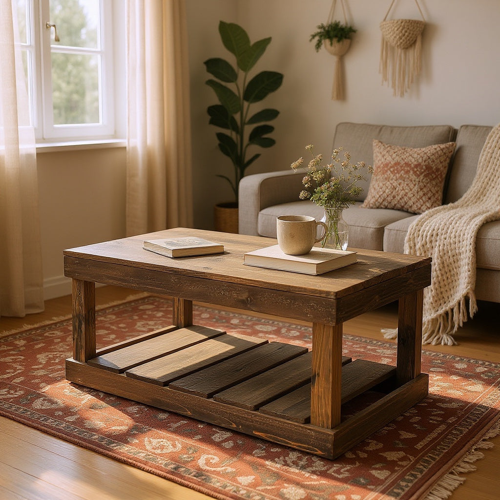 Handcrafted Rustic Coffee Table with Floor Shelf – Solid Wood, Dark Walnut Finish