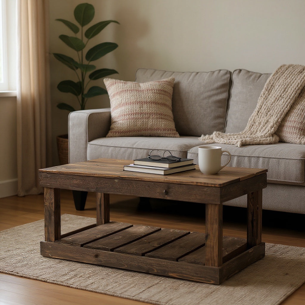 Handcrafted Rustic Coffee Table with Floor Shelf – Solid Wood, Dark Walnut Finish