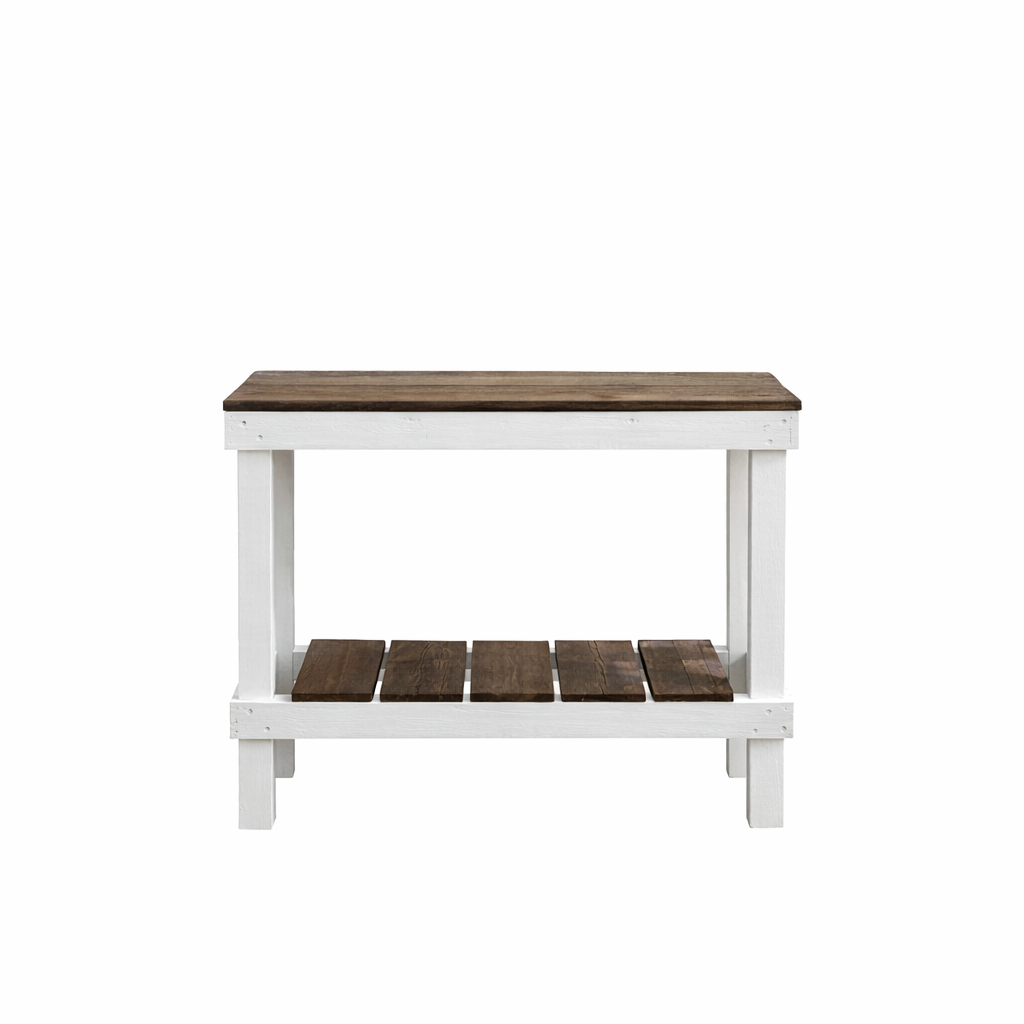 White reclaimed wood farmhouse console table with floating shelf, handmade solid wood furniture.