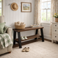 Solid wood furniture entryway bench with dark walnut top, white legs, and lower floating shelf in modern rustic style.