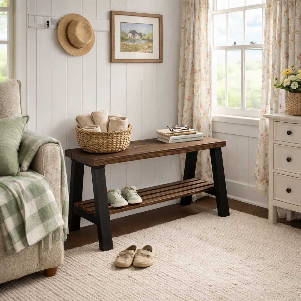 Solid wood furniture entryway bench with dark walnut top, white legs, and lower floating shelf in modern rustic style.