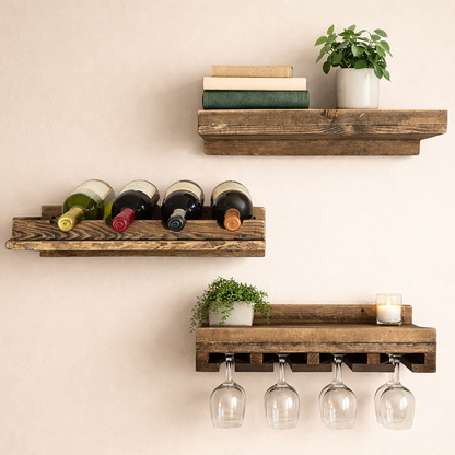 Modern rustic solid wood furniture wall-mounted wine rack with floating shelves and glass holder in grey wood finish.