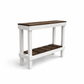 White reclaimed wood farmhouse console table with floating shelf, handmade solid wood furniture.