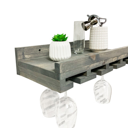 Wall-mounted wine rack in dark walnut, handmade solid wood furniture with slots for stemware, modern rustic style floating.
