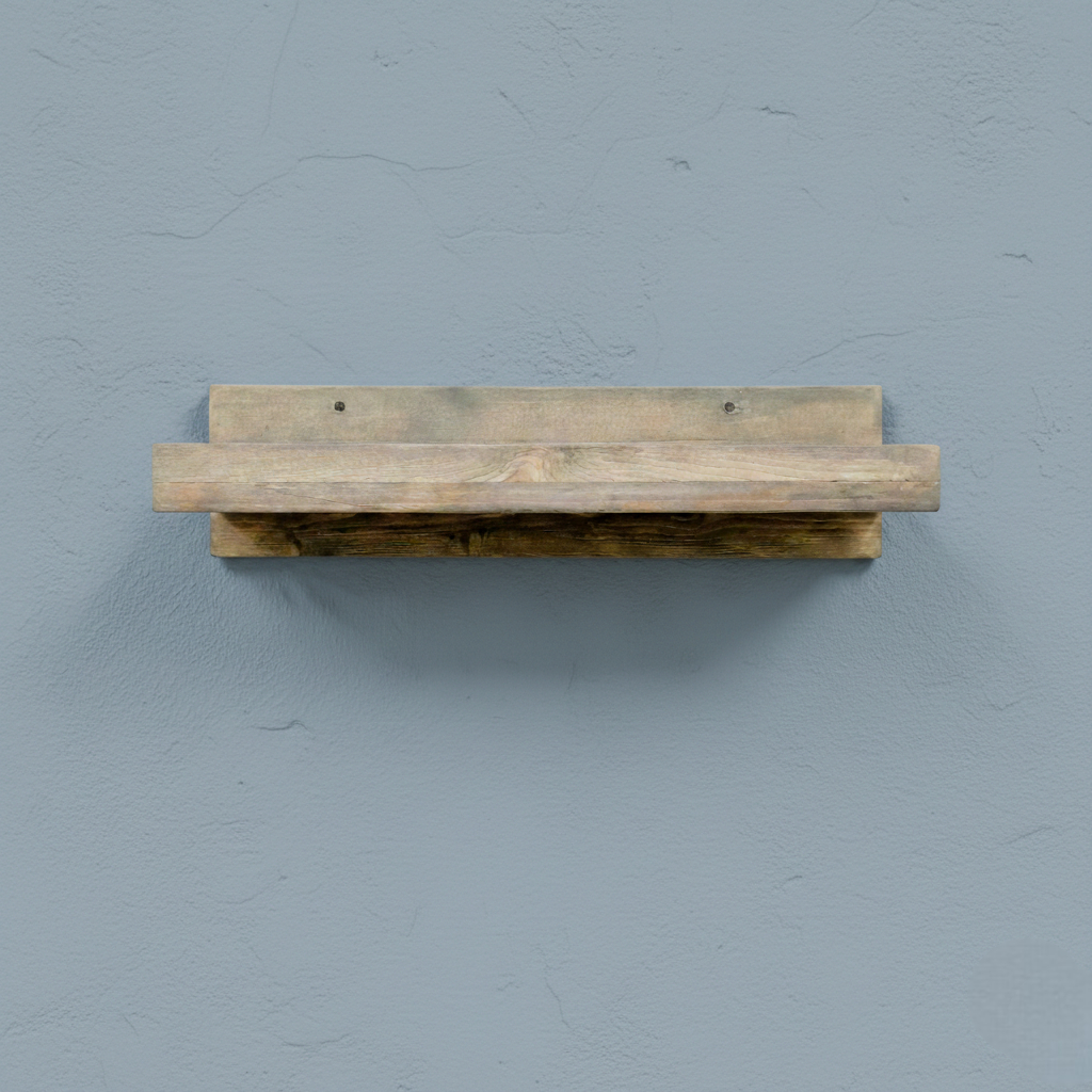 Rustic gray solid wood floating wall shelf with integrated hanging wine glass rack, handmade furniture.