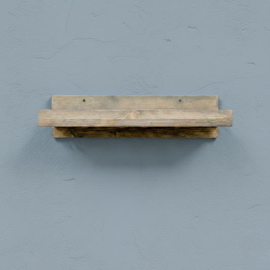 Rustic gray solid wood floating wall shelf with integrated hanging wine glass rack, handmade furniture.