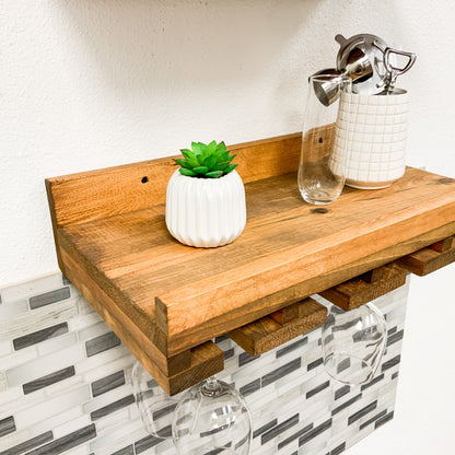 Wall-mounted wine rack in dark walnut, handmade solid wood furniture with slots for stemware, modern rustic style floating.