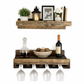 Wall mounted solid wood wine rack with stemware storage and rustic floating shelf in dark walnut finish.