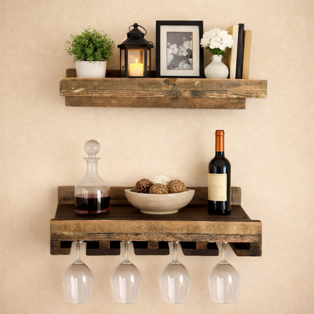 Wall mounted solid wood wine rack with stemware storage and rustic floating shelf in dark walnut finish.