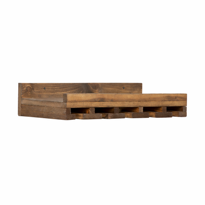 Wall-mounted wine rack in dark walnut, handmade solid wood furniture with slots for stemware, modern rustic style floating.
