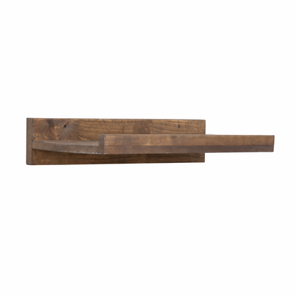 Rustic gray solid wood floating wall shelf with integrated hanging wine glass rack, handmade furniture.