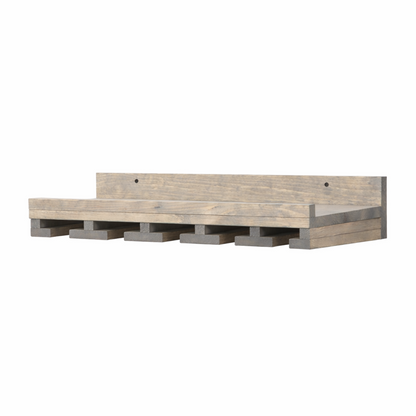 Wall-mounted wine rack in dark walnut, handmade solid wood furniture with slots for stemware, modern rustic style floating.