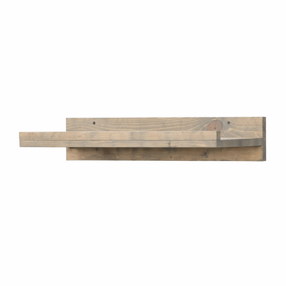 Rustic gray solid wood floating wall shelf with integrated hanging wine glass rack, handmade furniture.