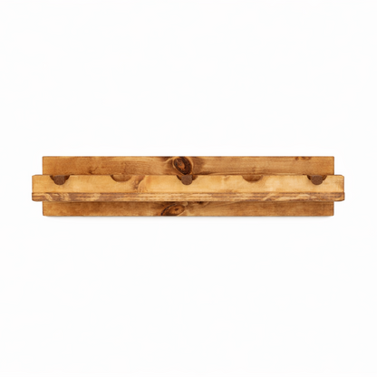 Handmade solid wood wall-mounted wine rack in dark walnut with floating shelf design, modern rustic furniture style.