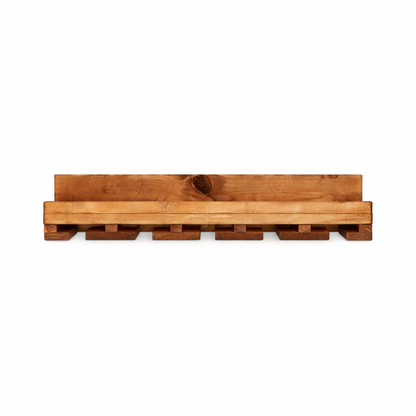 Wall-mounted wine rack in dark walnut, handmade solid wood furniture with slots for stemware, modern rustic style floating.