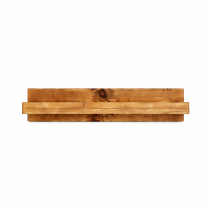 Rustic gray solid wood floating wall shelf with integrated hanging wine glass rack, handmade furniture.