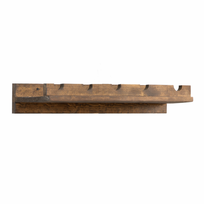 Handmade solid wood wall-mounted wine rack in dark walnut with floating shelf design, modern rustic furniture style.