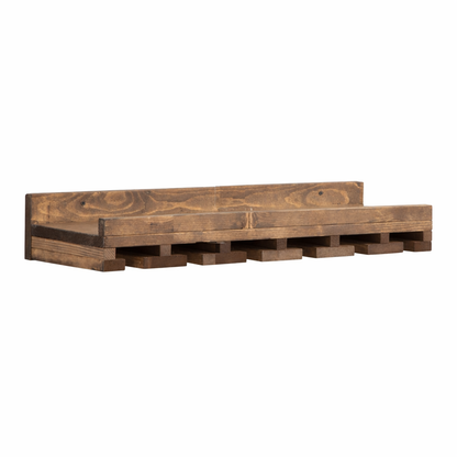 Wall-mounted wine rack in dark walnut, handmade solid wood furniture with slots for stemware, modern rustic style floating.