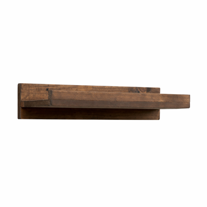 Rustic gray solid wood floating wall shelf with integrated hanging wine glass rack, handmade furniture.