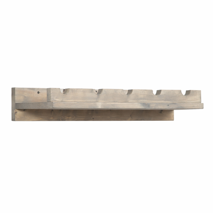 Handmade solid wood wall-mounted wine rack in dark walnut with floating shelf design, modern rustic furniture style.
